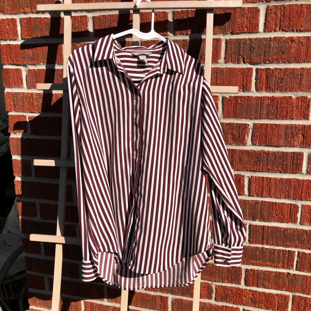 H&M Brown And White Striped Silky Long Sleeved Blouse 8